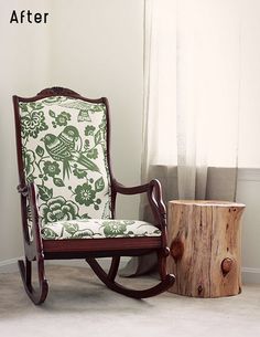 a rocking chair next to a tree stump