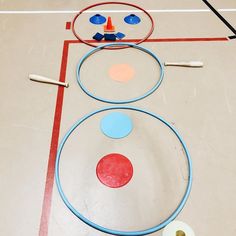 an overhead view of two circles on the floor with sticks and markers in front of them