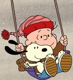 a cartoon character on a swing with a dog