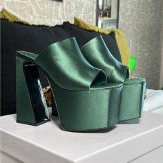 Note: I Will Be Uploading A Picture Of The Bottoms Momentarily. Worn Once For A Photoshoot. I Am Selling Them Because They Do Not Fit Around The Body Of My Foot Tight Enough. It Will Include All The Original Paper Stuffing, Box, And Dust Bag. Luxury Green Platform Heels, Green Heels With Leather Sole For Party, Designer Green Platform Heels, Elegant Green Platform Sandals, Brandon Blackwood, Green Platform, Platform Mules, Forest Green Color, Forest Green