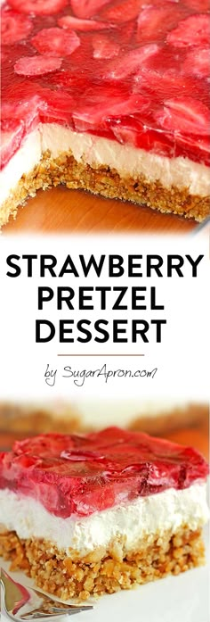 strawberry pretzel dessert on a white plate with the title overlay reads, strawberry pretzel dessert