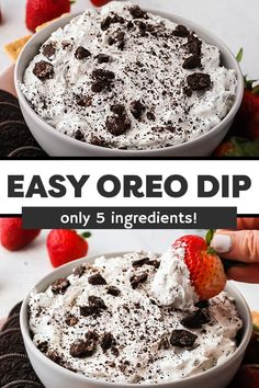 an easy oreo dip recipe with chocolate chips and strawberries