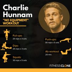 the poster for charlie hunnam's no equipment workout, with instructions to do it