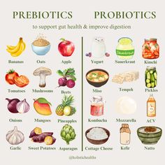 🌟 Boost Your Gut Health with Prebiotics and Probiotics! 🌟 Prebiotics are fibers found in foods like bananas and garlic that feed your beneficial gut bacteria, helping them thrive and improve digestion.   On the other hand, probiotics are live good bacteria found in foods like yogurt and kimchi that add more beneficial microbes to your gut. Together, they work as a team to support a balanced microbiome, enhance digestion, and boost overall wellness. Include both in your diet for a healthier gut! 🌱✨   #guthealth #digestion #wellness #wellnessjourney #prebiotics #probiotics #holistichealth #holistichealths #nutrition Food With Probiotics, Grocery List For Gut Health, Pre And Probiotics Benefits, Prebiotic And Probiotic Foods List, Natural Probiotics For Women, Probiotic Foods List, Probiotics Food, Probiotic Food, Probiotics For Women