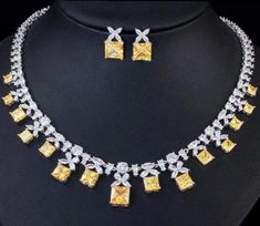 Princess Cut Yellow Citrine CZ Necklace Jewelry Set - 3DVanity.com Chakra Stones Jewelry, Beautiful Bridal Jewelry, Wedding Necklace Set, Luxurious Jewelry, Evening Jewelry, Silver Necklace Set, Necklace Swarovski, Swarovski Crystal Necklace, Cz Necklace