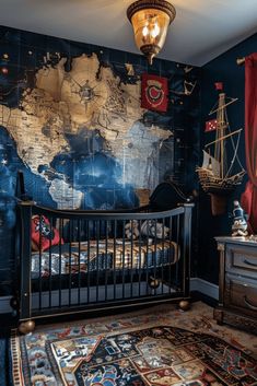 a child's room with a world map on the wall