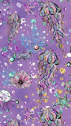 a purple background with jellyfish and other sea creatures on it's surface, all in different colors