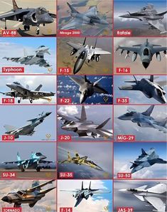 many different fighter jets flying in the sky above clouds and land, with numbers on each side