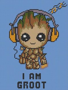 a cross stitch pattern with the words i am groot on it and a baby groot wearing headphones