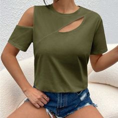 Brand New Women’s Elegant Solid Cut Out Tee Color: Army Green 62% Polyester, 34% Cotton, 4% Elastane Size Large Has Sold Out If You Like: Romantic Prairie Date Night Bride Lingerie Winter Fall Summer Spring Boho Gypsy Hippie Beachy Birthday Gift Resort Bohemian Girly Trendy Minimalist Y2k College 90s 00s 70s Vintage Wedding Guest Engagement Party Bachelorette Vacation Cruise Travel Western Aesthetic Vibe Retro Christmas Thanksgiving Holiday Chic Casual Dressy Preppy Tiktok Classic Classy Work Of Bride Lingerie, White Fashion Casual, Spring Boho, Fashion Hacks Clothes, Women T Shirts, Dressy Casual, Cut Shirts, Sleeve Detail