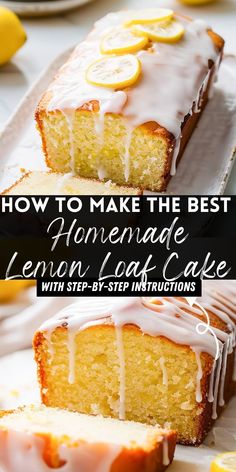 lemon loaf cake with white icing and sliced lemons