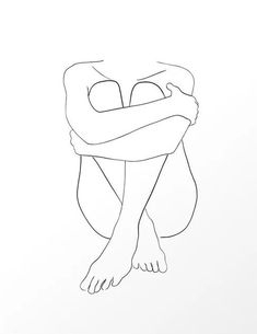 a black and white drawing of a person sitting on the ground with their arms crossed