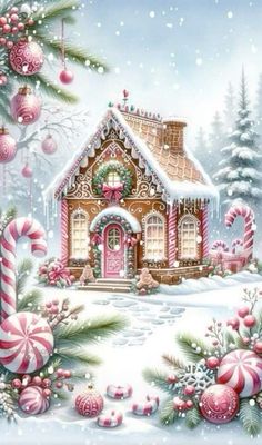 a christmas scene with a gingerbread house and candy canes