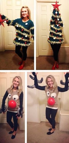 four pictures of a woman dressed up as a christmas tree and holding a red ball