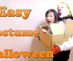 two people dressed as clowns holding boxes with the words easy costume halloween written on them