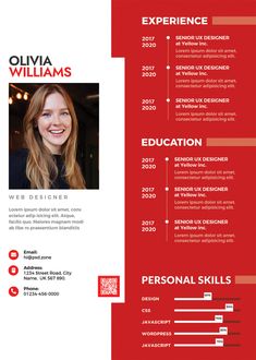 a red and white resume template with an image on the front, side and back