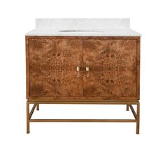 Clifford Bath Vanity 1 Burled Wood Furniture, Wood Bath, Marble Bath, Cerused Oak, White Carrara Marble, Porcelain Sink, Antique Brass Metal, Marble Vanity Tops