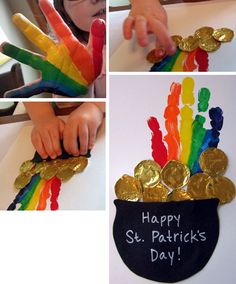 this is a collage of pictures with gold coins in a pot and happy st patrick's day written on it