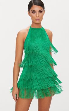 Green Fringe Dress, Fringe Outfits, Fringe Dress Outfit, Fringe Dresses, Tassel Outfit, Black Fringe Dress, Neon Dresses, Stage Costume