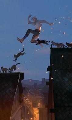 a man flying through the air while standing on top of a roof next to cats