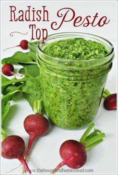 radish pesto in a jar with radishes around it and the title overlay reads radish pesto top