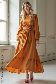 Olivia Mark - Elegant Mustard Yellow Midi Dress with Floral Embroidery and Tie Waist Spring Yellow Embroidered Maxi Dress, Elegant Yellow Embroidered Dress, Yellow Long Sleeve Embroidered Dress For Spring, Spring Dresses With Gold Embroidery, Modest Embroidered Wedding Dress, Fitted Embroidered Orange Dress, Spring Embroidered Yellow Maxi Dress, Yellow Embroidered Fitted Dress, Yellow Embroidered Long Sleeve Dress