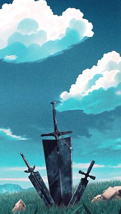 an image of two swords in front of a sky with clouds and rocks on the ground