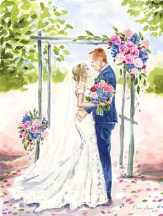 a painting of a bride and groom under an arbor