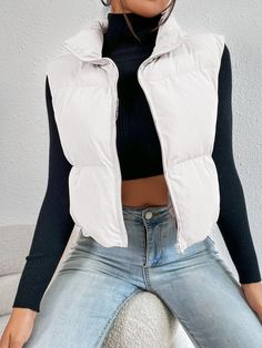 SHEIN EZwear Spring Outfits Zip Up Puffer Vest CoatI discovered amazing products on SHEIN.com, come check them out! White Vest Outfit, Outerwear Women Winter, White Puffer Vest, White Vest, Vest Coat, Vest Outfits, Cute Everyday Outfits, Cute Simple Outfits, Winter Coats Women