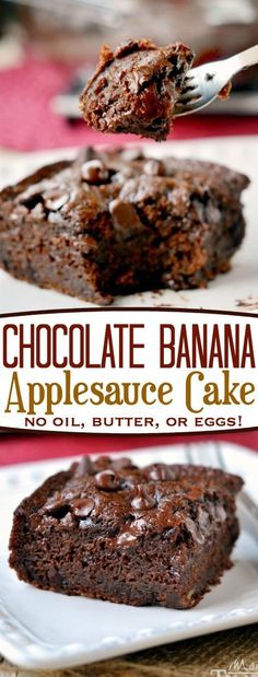 chocolate banana appetizer cake on a white plate with a fork in the foreground