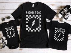 "This Funny \"Rad Dad\" and \"Rad like Dad\" tshirt is a perfect gift for any Dad and his mini. Makes a funny shirt addition to sport out your love for being a Dad.  S I Z I N G   &   C O L O R S - Please refer to sizing and color charts in the images C R E W N E C K   S W E A TE R P R O D U C T   D E T A I L S - Printed with ink - Unisex Sweatshirt - Designed with pre-shrunk soft air-jet spun yarn - Features a crewneck - The collar is ribbed knit, so it retains its shape even after washing. - D Matching Crew Neck T-shirt For Father's Day, Matching Family T-shirts For Father's Day, Father's Day Matching Black T-shirt, Father's Day Family Matching T-shirt With Funny Text, Matching Family Graphic Print T-shirt, Family Matching Funny Print T-shirt For Father's Day, Father's Day Family Matching T-shirt With Funny Print, Black T-shirt For Father's Day Parenting, Matching Graphic Print T-shirt For Gift