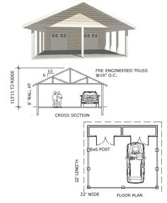 two car garage plans are shown with measurements