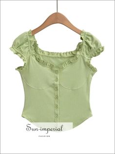 Women’s Off The Shoulder Short Sleeve Buttoned Cropped Top With Trimmed Frill Detail Sun-Imperial United States Spring Stretch Tops With Buttons, Green Stretch Tops With Buttons, Green Stretch Tops With Button Closure, Green Tops With Button Closure For Summer, Stretch Summer Tops With Buttons, Stretch Tops With Buttons For Summer, Summer Stretch Tops With Buttons, Buttoned Summer Tops, Fitted Spring Tops With Buttons