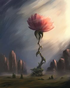 an artistic painting of a pink flower in the desert