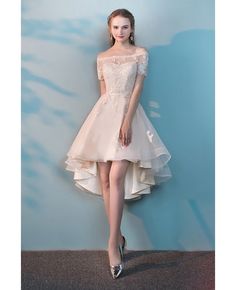 Shop Champagne Lace Off Shoulder Wedding Party Dress High Low online. All instock with free shipping. Pro since 2009. Tulle Party Dress, Dress High Low, Wedding Dress Organza, Homecoming Party, Gaun Fashion, Best Prom Dresses, 파티 드레스, Wedding Robe, Wedding Party Dress