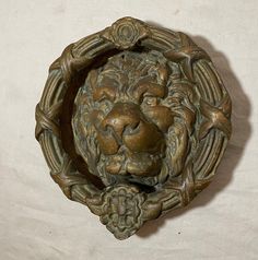 a metal lion head mounted on a wall