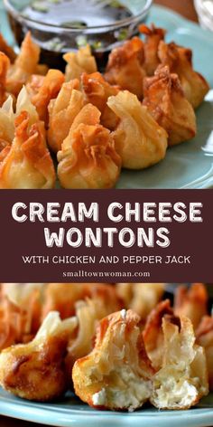 cream cheese wontons with chicken and pepper jack are an easy appetizer