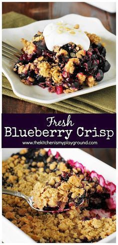 blueberry crisp on a white plate with a spoon in it and another image of the same dish