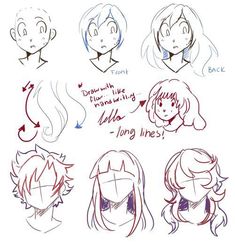 some sketches of different faces and hair styles for the character's head, from front to back