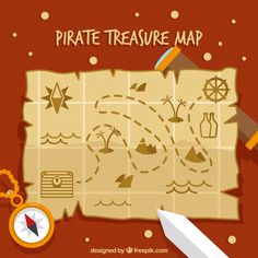 a pirate map with compass and other items