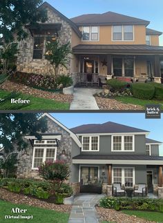 before and after pictures of a house with landscaping in the front yard, side by side