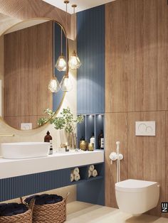 a modern bathroom with blue and white walls