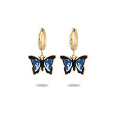 18k Gold Plated Enamel Colored Butterfly Hoop Huggie Earrings Colored Butterfly, Crafted Earrings, Huggie Earrings, Butterfly Charm, Huggies Earrings, Free Spirit, Butterflies, 18k Gold, Gold Plate