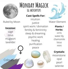 Weekday Magick, Monday Witch, Monday Magick, Wiccan Tips, Monday Magic, Witchcraft Practice, Magickal Correspondences, Daily Magic, Wiccan Rituals