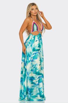 Blue Halter Neck Dress For Beach Cover-up, Light Blue Maxi Dress For Beach Cover-up, Multicolor Backless Beachwear Dress, Backless Lined Dress For Vacation, Multicolor Backless Dress For Beach Party, Blue Fitted Dress For Vacation, Lined Backless Dress For Vacation, Blue Halter Neck Maxi Dress With Tie Back, Blue Backless Maxi Dress With Tie Back