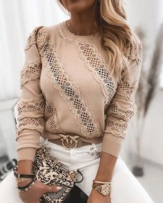 Item+Type:Tops Sleeve+Length:Long+Sleeve Material:+Blended Gender:+Women Color:+Khaki Size:+S,+M,+L,+XL Chic Type, Knitted Tops, Hottest Fashion Trends, Trend Fashion, Long Sleeve Sweatshirt, Women Shirts Blouse, Lace Sleeves, Long Sleeve Casual, Long Sleeve Lace