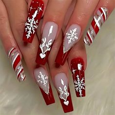 NICENEEDED 24 Pcs Christmas French Press on Nails, Long Square Fake Nails with Snowflake Design, Red and White Coffin False Nails Xmas Manicure Acrylic Nail Full Cover Artificial Nail for Women : Amazon.ca: Beauty & Personal Care Red Christmas Nails, Nagel Tips, Nail Art Set, Fake Nails With Glue, Pink Acrylic Nails, Stick On Nails, Christmas Nail Designs, Christmas Nail