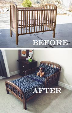 a baby crib that has been turned into a bed