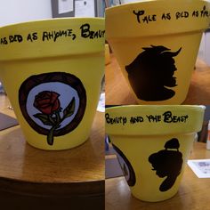 beauty and the beast planters are painted yellow with black silhouettes on each pot