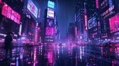 an animated cityscape with neon lights and people holding umbrellas in the rain